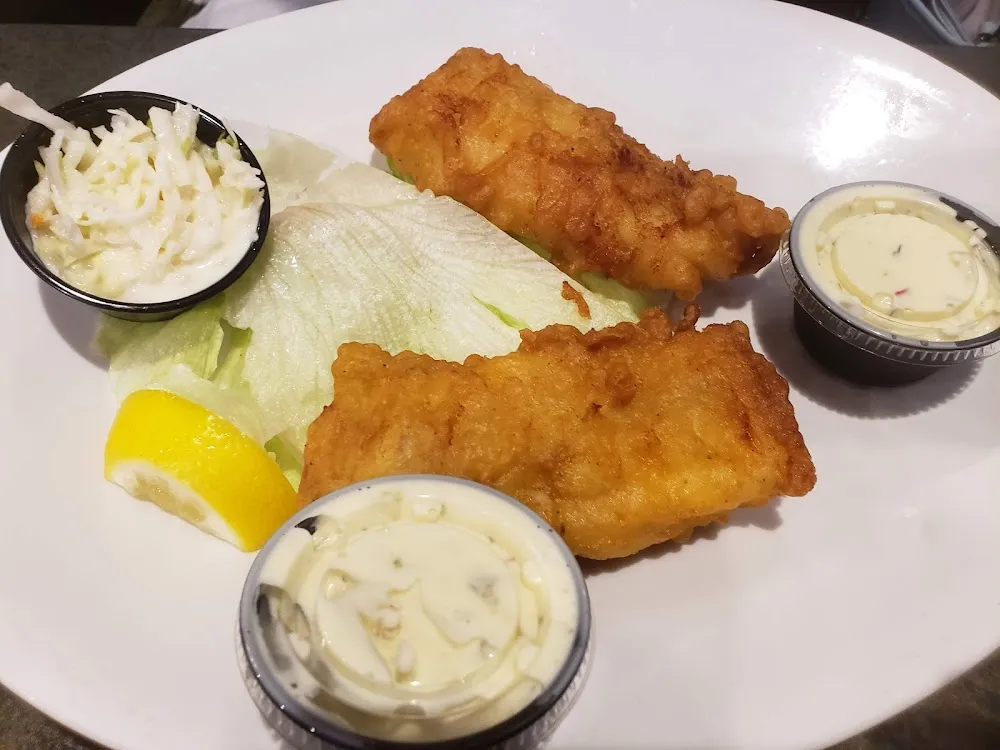 Cod Fish Dinner with Coleslaw and Potatoe Salad